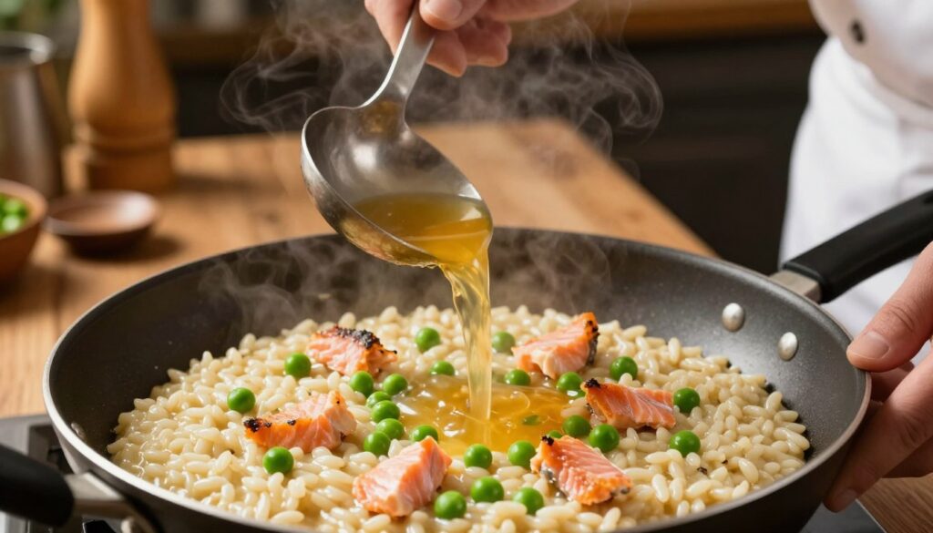 adding stock with ladle for creamy risotto