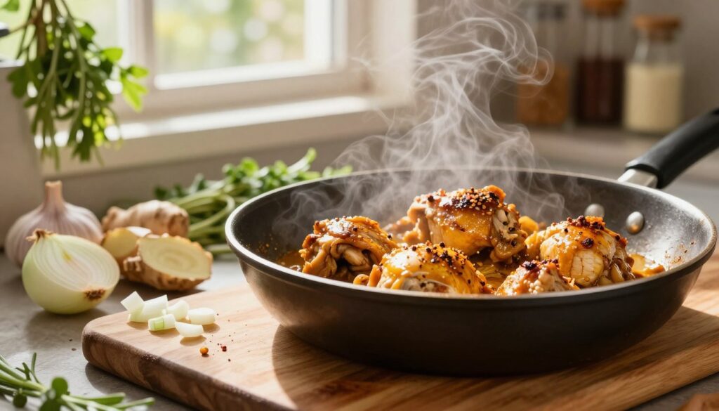 browning the meat chicken curry