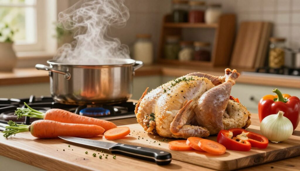 preparing chicken and vegetables