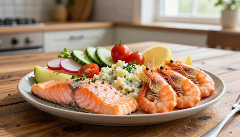 salmon prawns potato salad