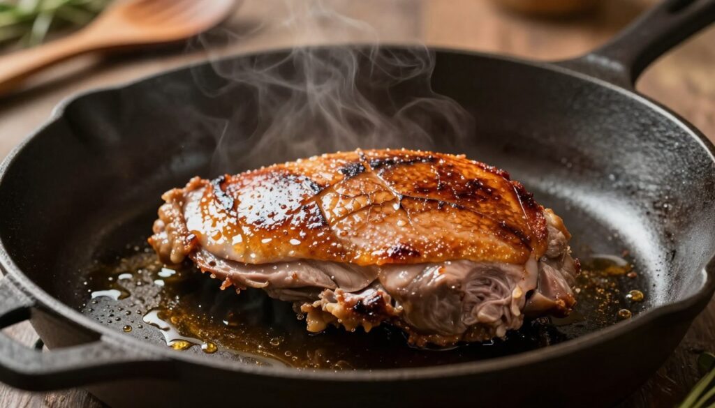 searing duck in frying pan