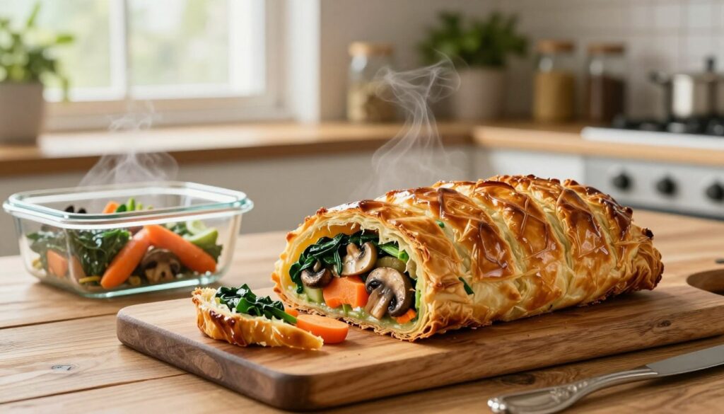 storing reheating vegetable wellington
