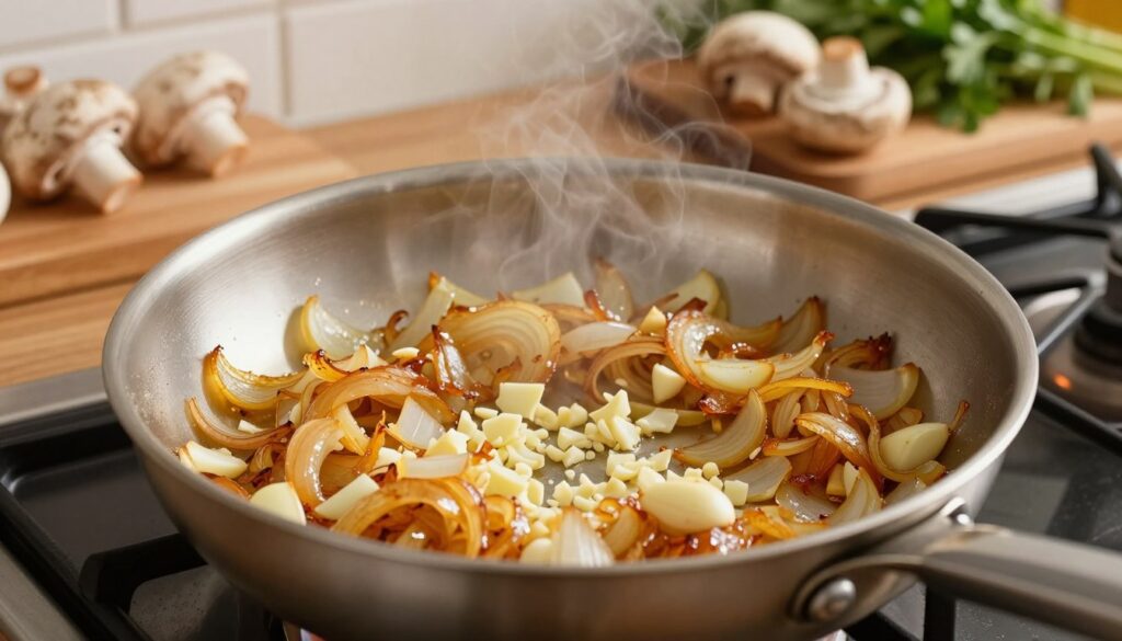 Sautéing onions and garlic in a pan