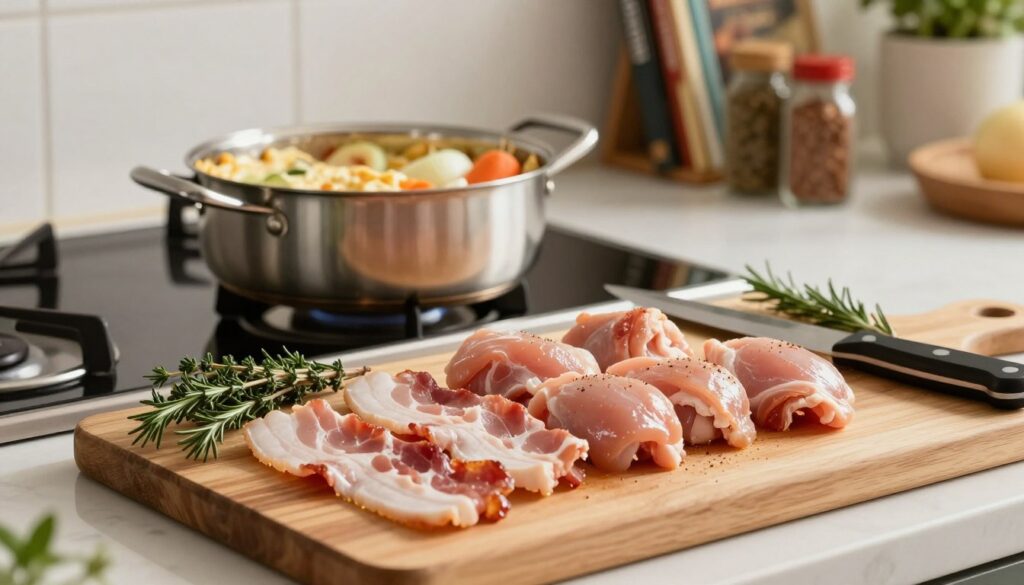 preparing chicken and bacon