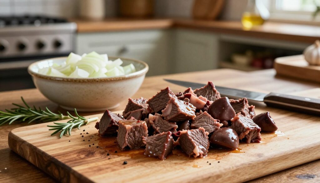 preparing meat for pie