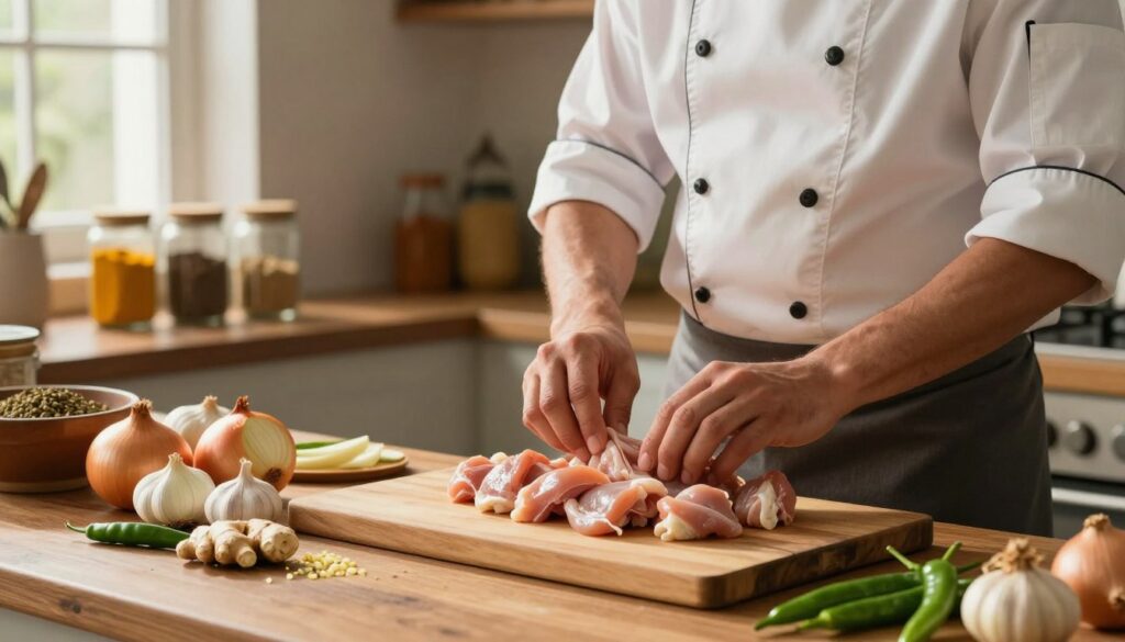 preparing the chicken and aromatics