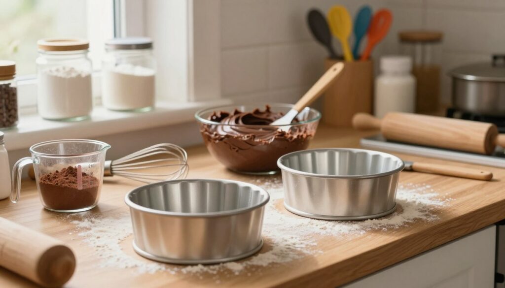 preparing tins for chocolate cake