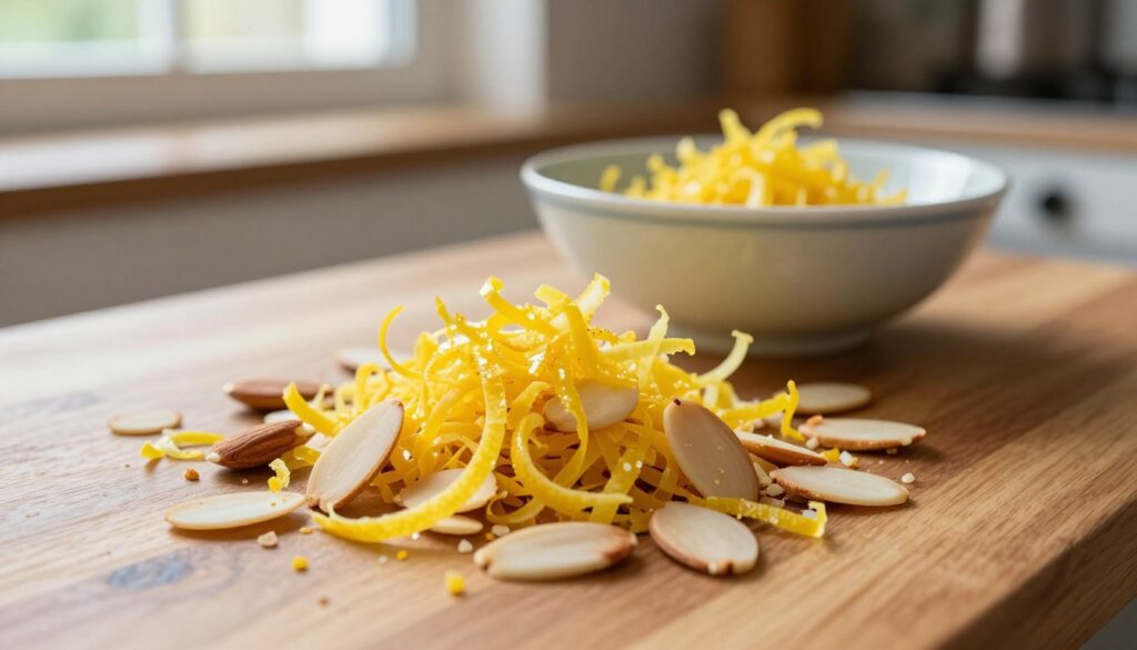 lemon zest and flaked almonds