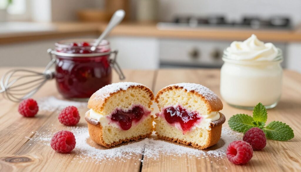 adding jam and cream mini victoria