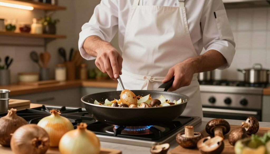 cooking the onion and mushroom mixture